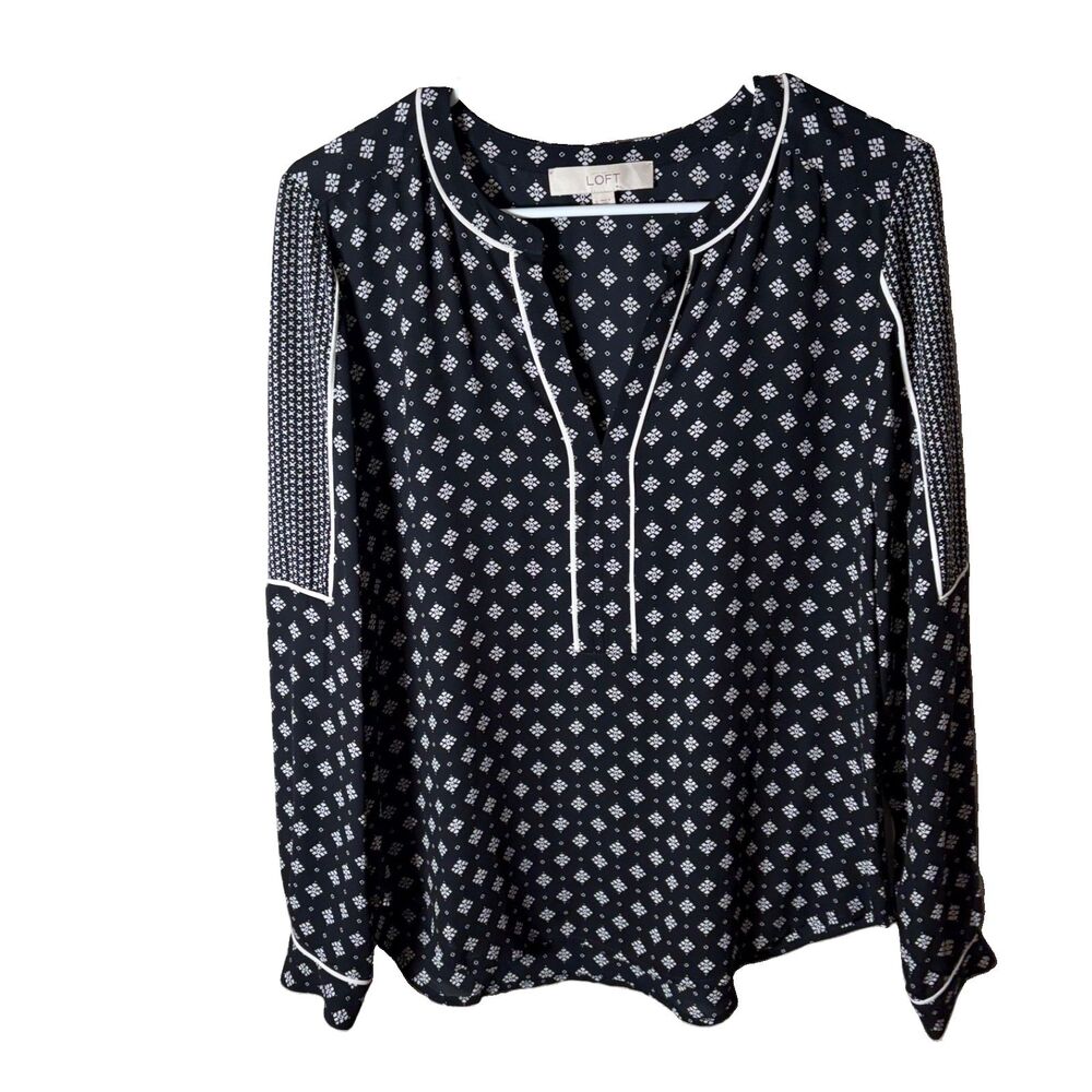 Loft Blouse Women's Small Blue V-Neck Lightweight Printed Long Sleeve Top